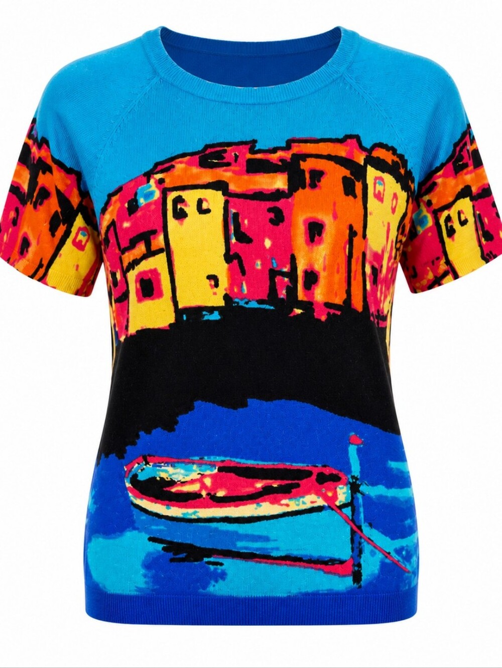 Joseph A Womens Size Small Colorful Abstract Coastal Village Boat Knit Sweater T